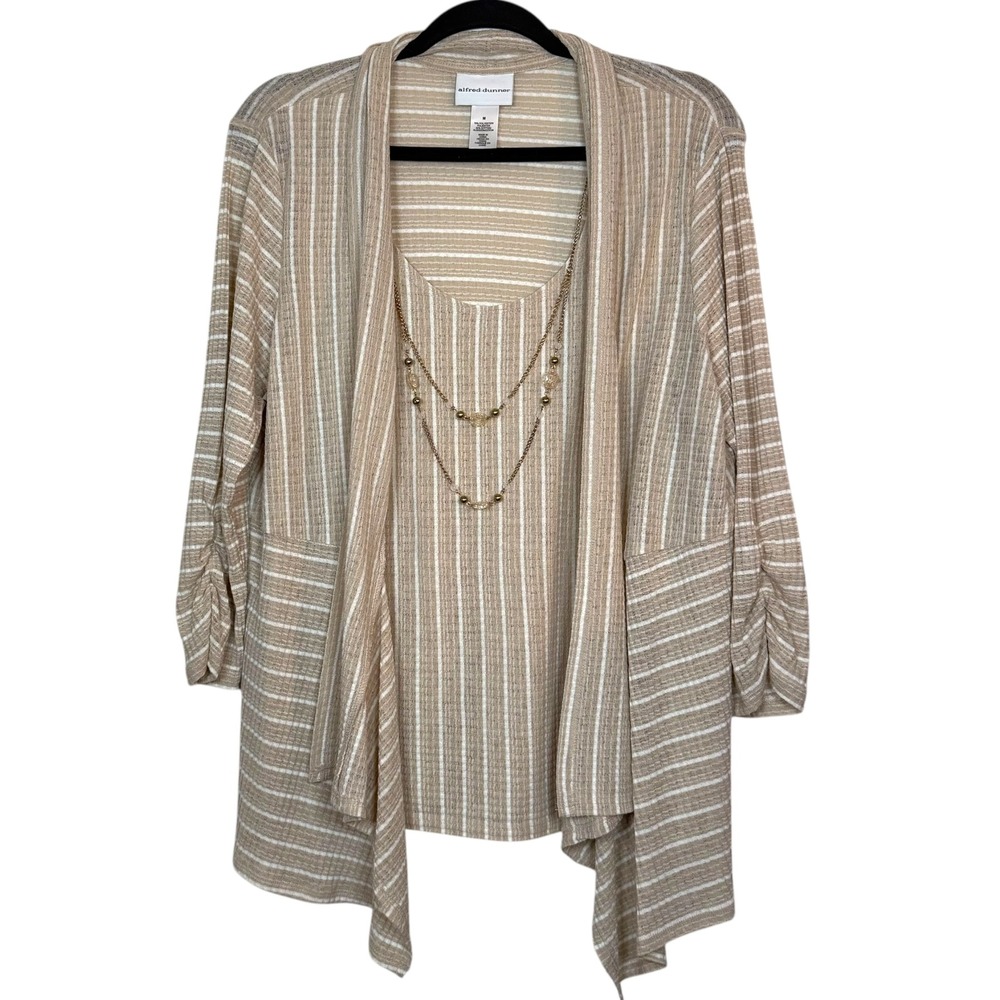 Alfred Dunner Striped Knit Cardigan with Under Shirt and attached Necklace M
